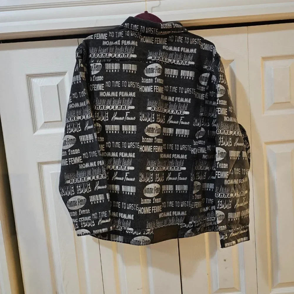 Homme + Femme Men's Black All Over Logo Print Button Front Denim Jacket Xlarge
